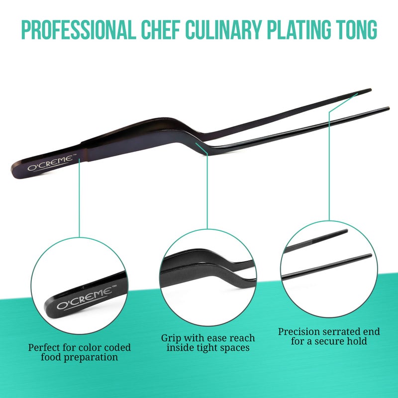 O'Creme 8 Inch Black Stainless Steel Precision Kitchen Culinary Offset Tweezer Tongs - Image 3